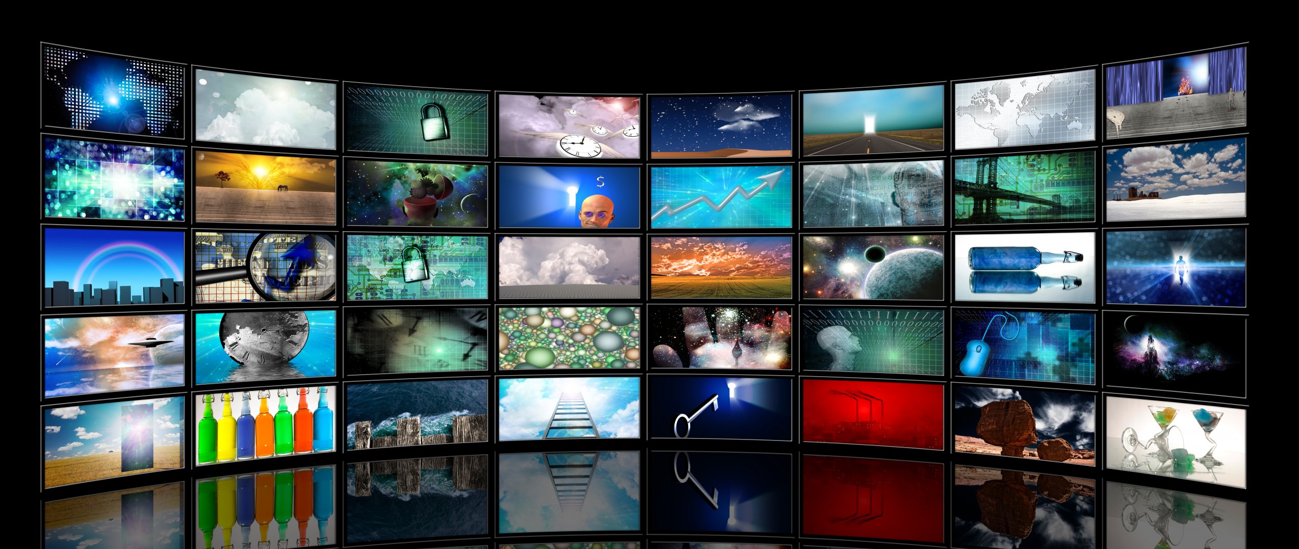 Many monitors showing different visuals.