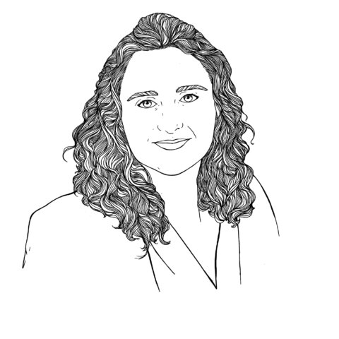 Line drawing illustration of woman with shoulder length curly hair: Rachel Newbery