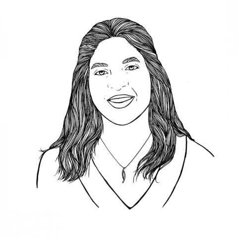 Line drawing illustration of woman with long brown hair: Shalini Bharel