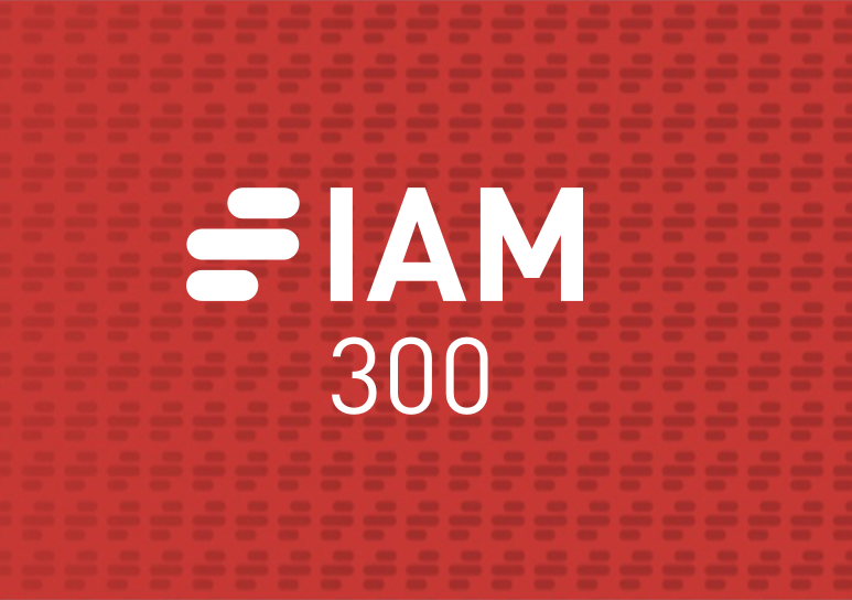 logo for IAM 300 on red patterned background