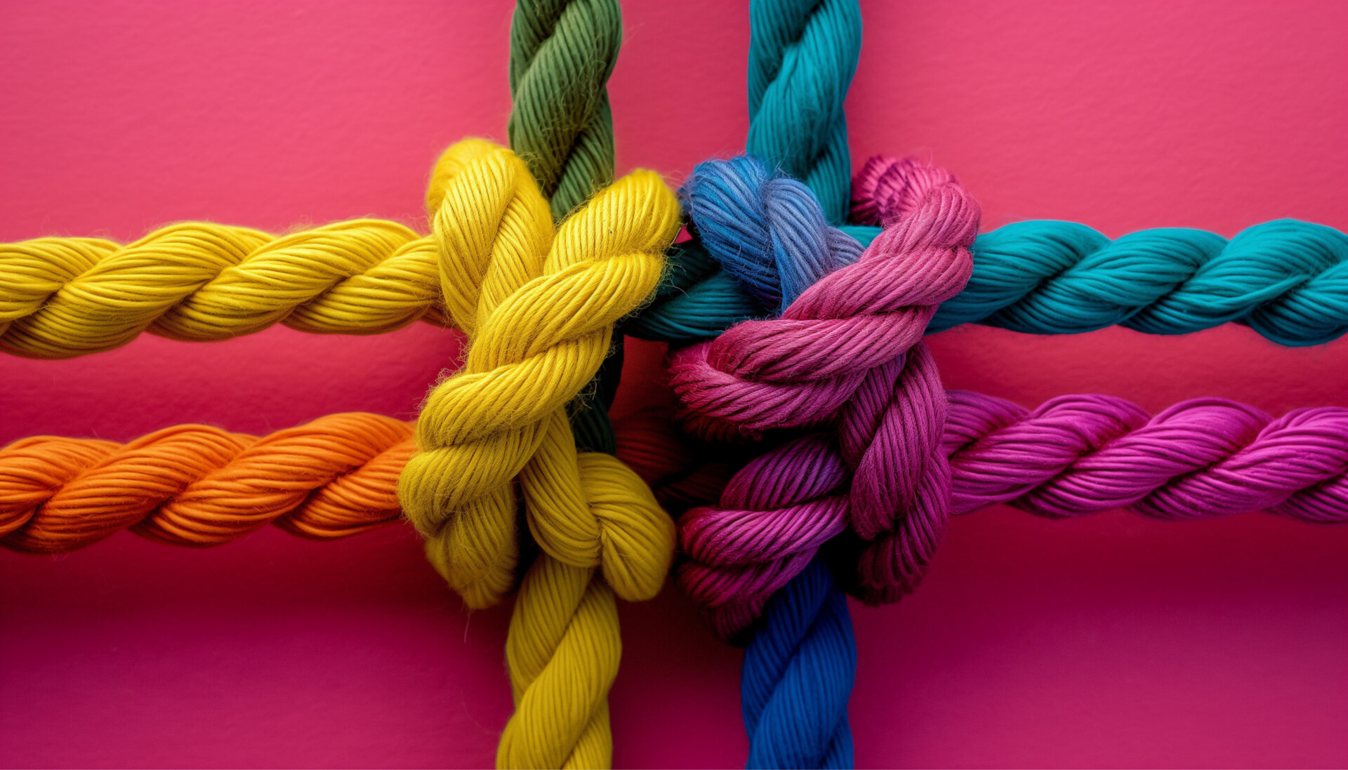 coloured rope entwined together to make a strong not in 4 different colours of a pink background