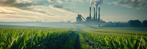 Green Corn Field Leading to Distant Industrial Coal Mine at Dawn