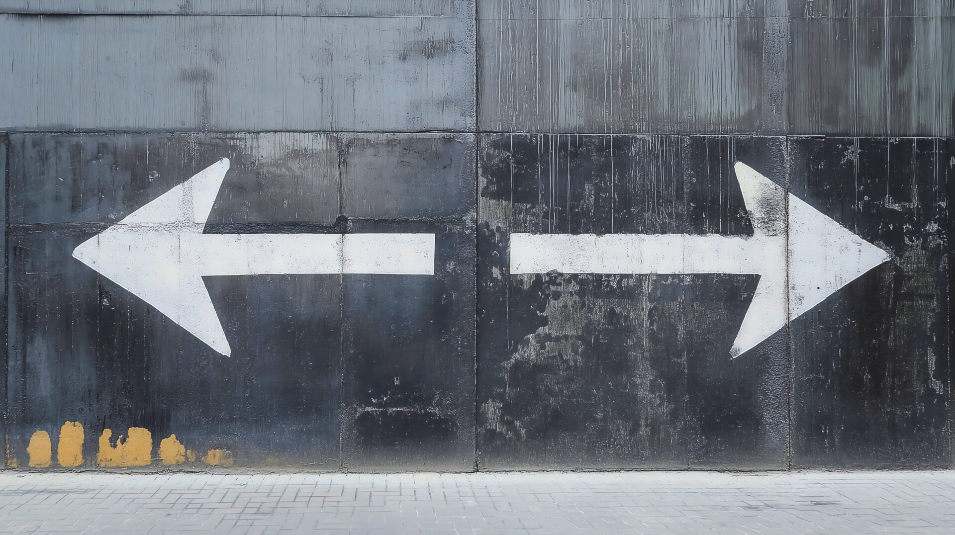 White arrows pointing away from each other, painted on industrial-looking wall